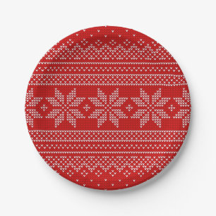 Assiettes En Carton Motif de tricot de Noël Rouge et blanc