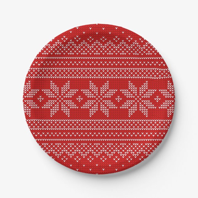 Assiettes En Carton Motif de tricot de Noël Rouge et blanc (Devant)