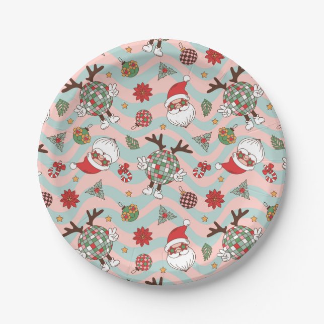 Assiettes En Carton Motif de vacances Disco Père Noël et Reindeer (Devant)