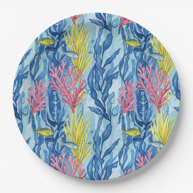 Assiettes En Carton Motif de vie marine côtière coloré (1) (Devant)