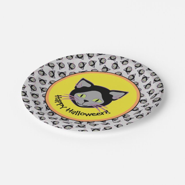Assiettes En Carton Motif de visage de chat noir Halloween (Angle)