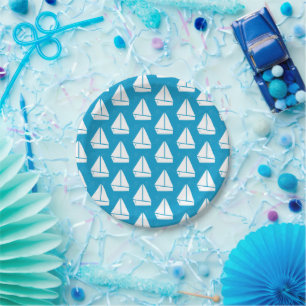 Assiettes En Carton Motif de voilier bleu clair