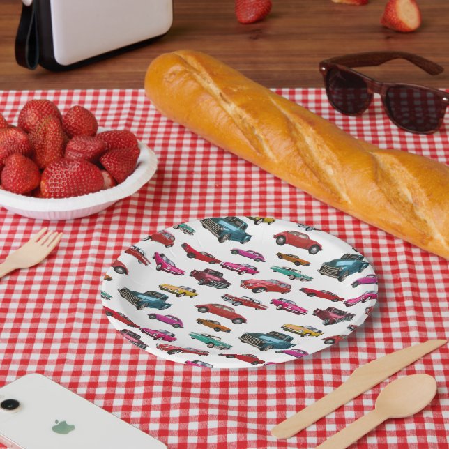 Assiettes En Carton Motif De Voitures Et Camions Rétro (Pique-nique)