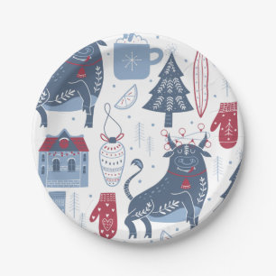 Assiettes En Carton Motif d'éléments de Noël gris bleu