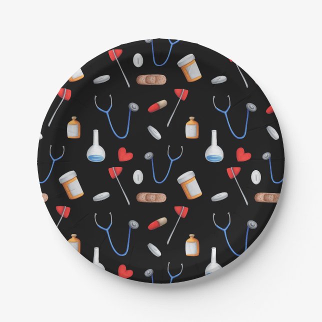 Assiettes En Carton Motif d'équipement Médicale de l'infirmière hospit (Devant)