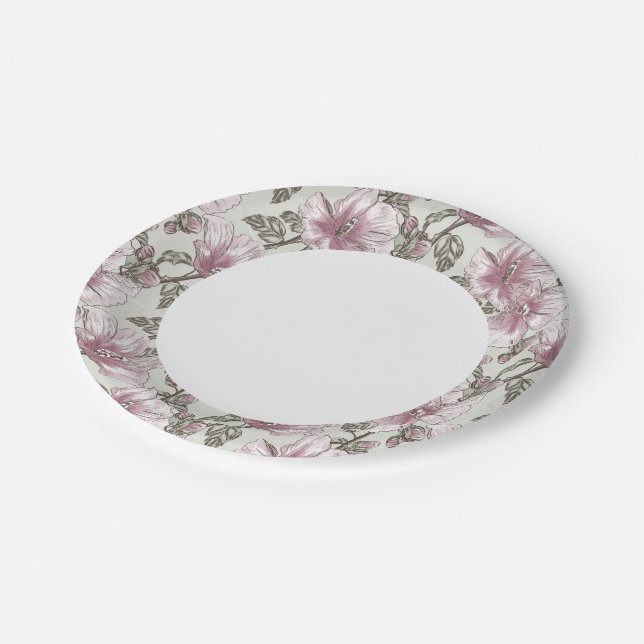 Assiettes En Carton Motif des fleurs d'hibiscus roses rousses (Angle)