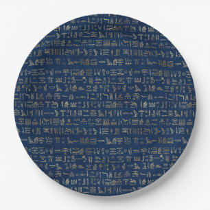 Assiettes En Carton Motif des hiéroglyphes d'Égypte or et bleu