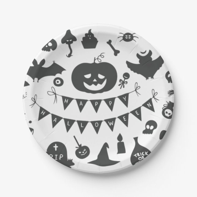 Assiettes En Carton Motif des icônes noir et blanc d'Halloween (Devant)
