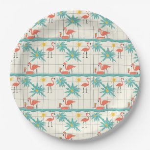 Assiettes En Carton Motif d'été au bord de la piscine aux flamants ros