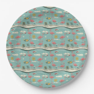 Assiettes En Carton Motif d'été au bord de la piscine aux flamants ros