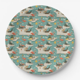 Assiettes En Carton Motif d'été au bord de la piscine rétro flamant ro