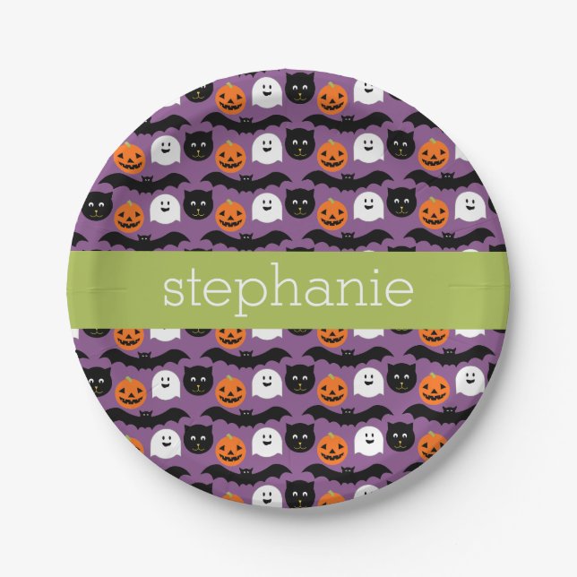 Assiettes En Carton Motif d'Halloween - Cute Bat Cat Citrouille Fantôm (Devant)