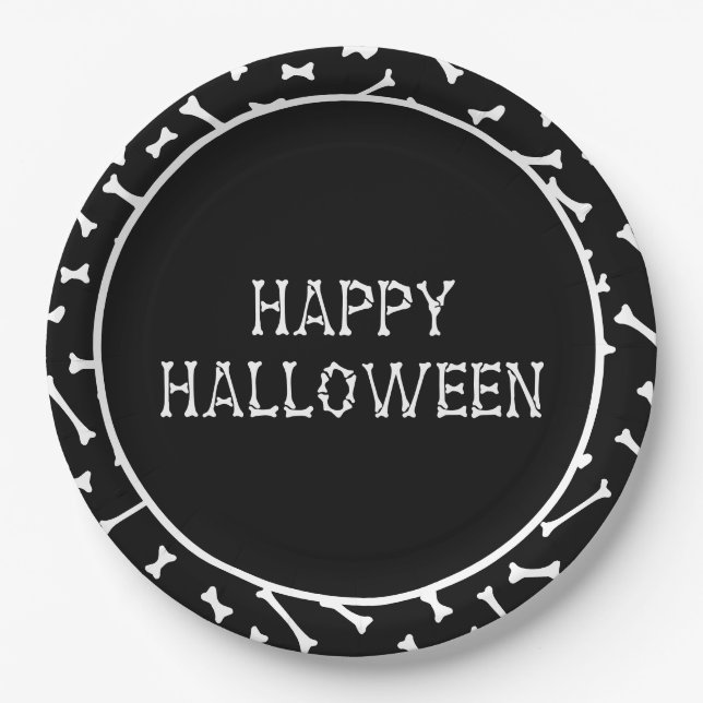 Assiettes En Carton Motif d'Halloween noir et blanc os et chauves-sour (Devant)