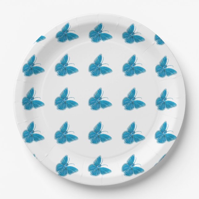 Assiettes En Carton Motif d'illustration de papillons bleus (Devant)