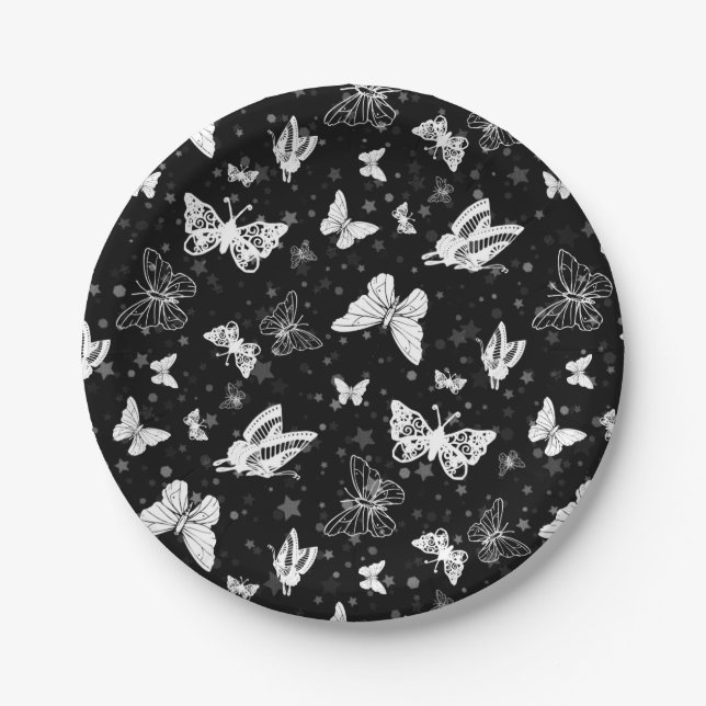 Assiettes En Carton Motif d'illustration noir blanc papillon (Devant)