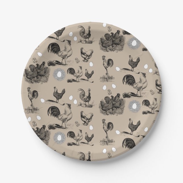 Assiettes En Carton Motif d'oeufs de coq de poulet de pays vintage (Devant)