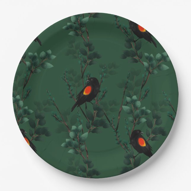 Assiettes En Carton Motif d'oiseau-noir à ailes rouges (Devant)