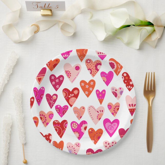 Assiettes En Carton Motif du coeur rose rouge (Mariage)