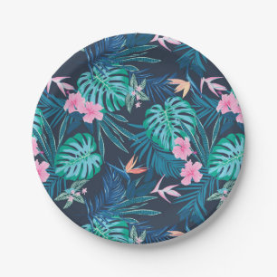 Assiettes En Carton Motif du Jardin des Fleurs Tropicales Bleues