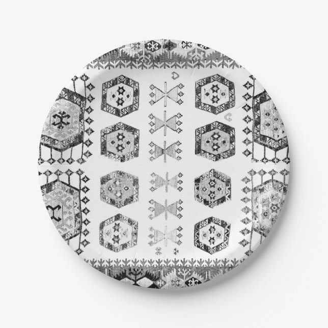 Assiettes En Carton Motif en forme d'aztèque noir et blanc (Devant)