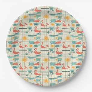 Assiettes En Carton Motif Estival au Bord de la Piscine avec Flamants