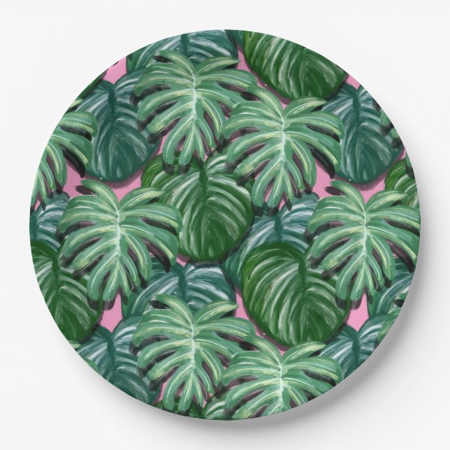 Assiettes En Carton Motif exotique Feuille tropical vert (Devant)