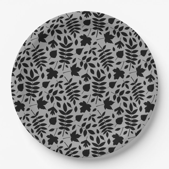 Assiettes En Carton Motif Feuille tombé noir sur gris (Devant)