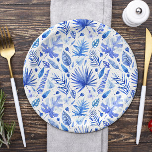 Assiettes En Carton Motif Feuilles Tropicales Bleu Cobalt 7"