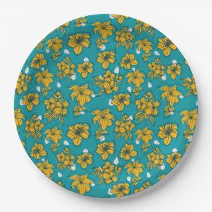 Assiettes En Carton Motif Fleurs Turquoises jaunes