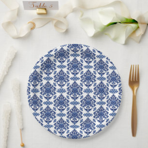 Assiettes En Carton Motif floral baroque bleu royal et blanc de luxe