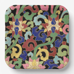 Assiettes En Carton Motif floral chinois coloré sur fond noir