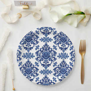 Assiettes En Carton Motif floral damassé élégant victorien bleu marine