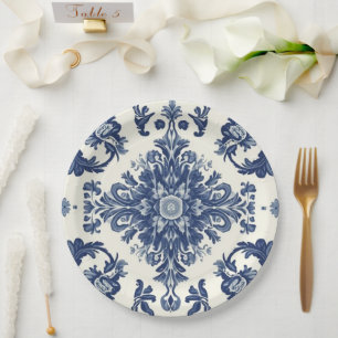 Assiettes En Carton Motif floral damassé élégant victorien bleu marine