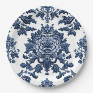 Assiettes En Carton Motif floral damassé victorien élégant bleu marine