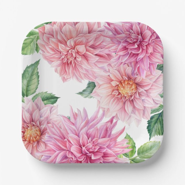 Assiettes En Carton Motif floral de dahlia aquarelle rose poudré (Recto)