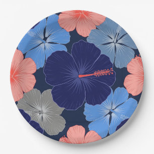 Assiettes En Carton Motif floral d'hibiscus bleu élégant (13)