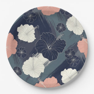 Assiettes En Carton Motif floral d'hibiscus bleu élégant (5)