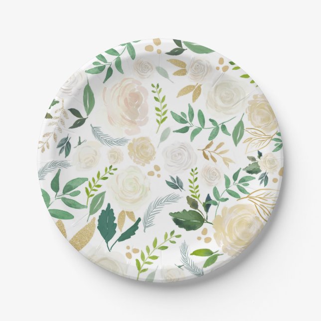 Assiettes En Carton Motif floral ivoire doux avec feuillage blanc (Devant)