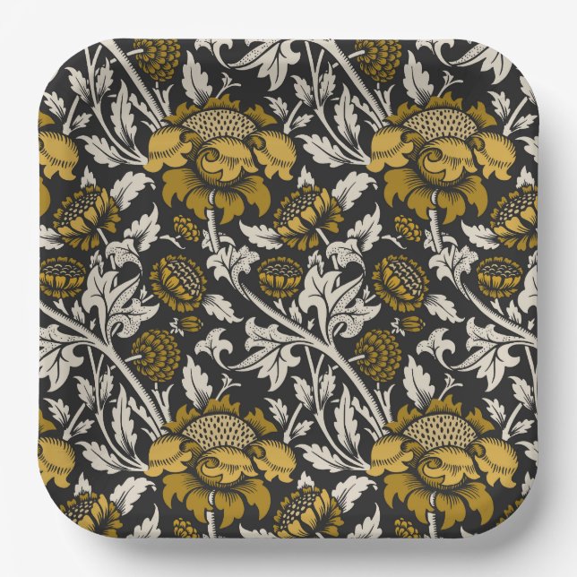 Assiettes En Carton Motif floral orné avec de grandes fleurs dorées  (Recto)