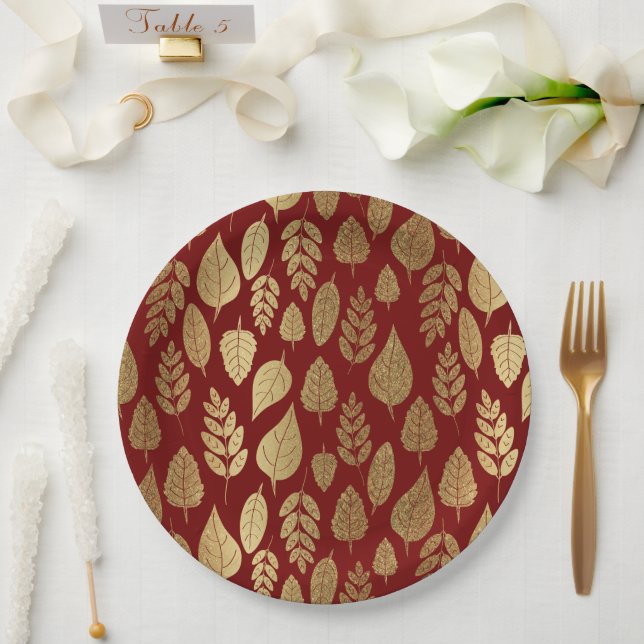 Assiettes En Carton Motif Gold et Red Leaf (Mariage)