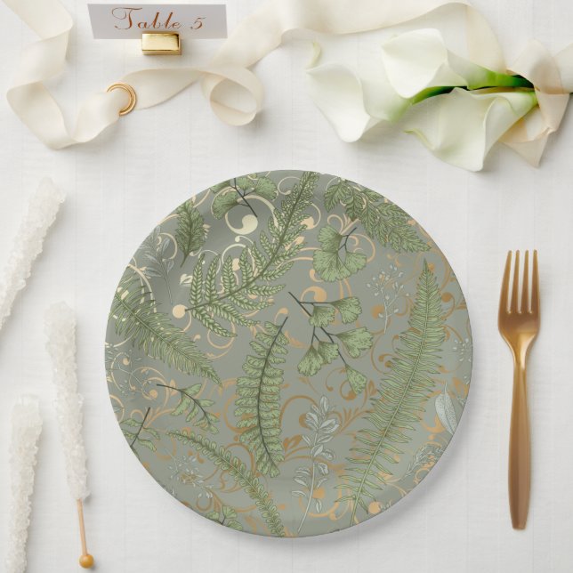 Assiettes En Carton Motif Green et Gold Fern (Mariage)
