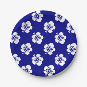 Assiettes En Carton Motif Hawaïen Hibiscus Bleu et blanc