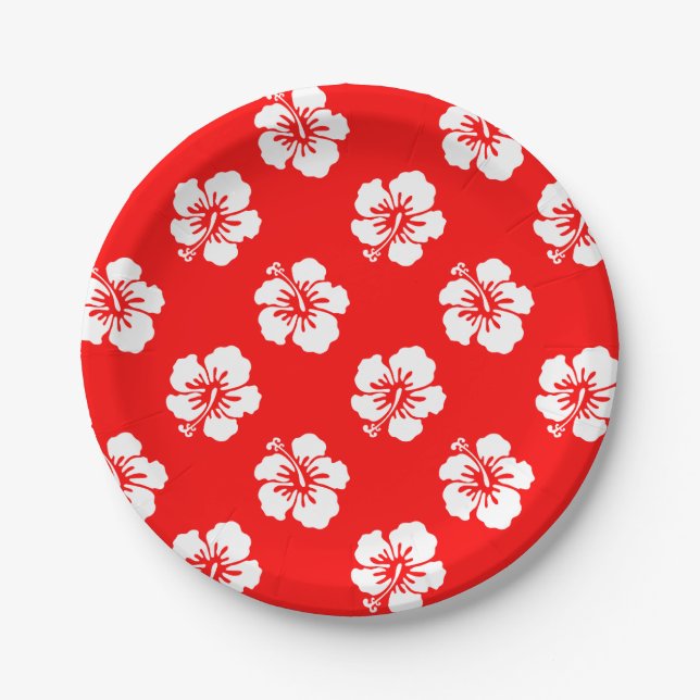 Assiettes En Carton Motif Hawaïen Hibiscus Rouge et blanc (Devant)