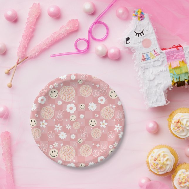 Assiettes En Carton Motif hippie Super rose rétro À damiers (Fête)