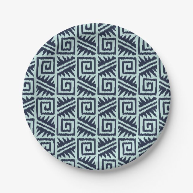 Assiettes En Carton Motif Ikat Aztec - Indigo et bleu clair (Devant)