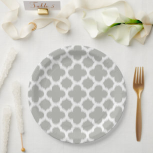 Assiettes En Carton Motif Ikat Quatrefoil Gris Beige
