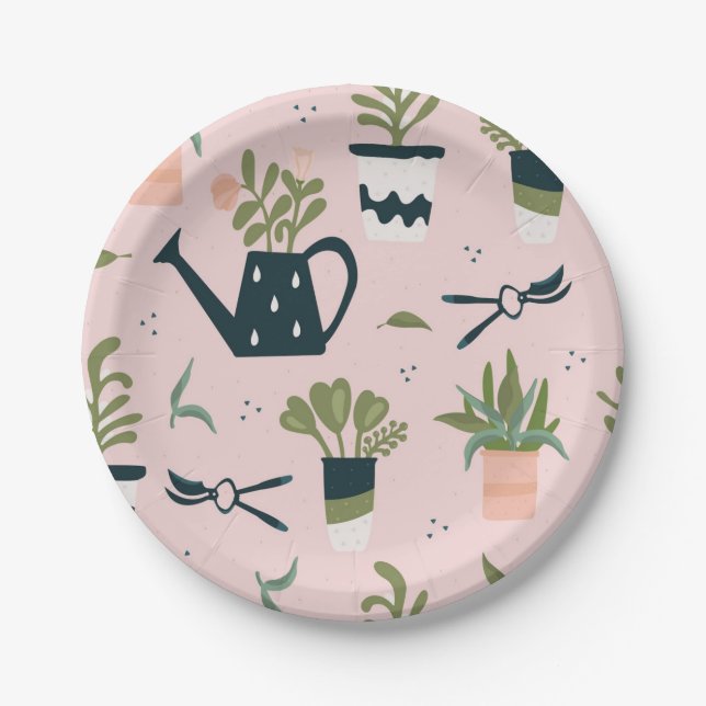 Assiettes En Carton Motif imprimé Whimsical Pink Gardening (Devant)