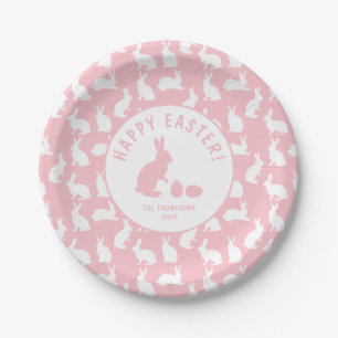 Assiettes En Carton Motif Lapin Rose Pâle et Blanc Joyeuses Pâques
