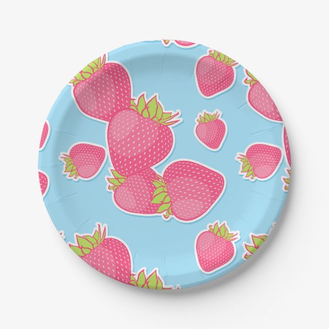 Assiettes En Carton Motif lunatique de fraise sur le bleu (Devant)