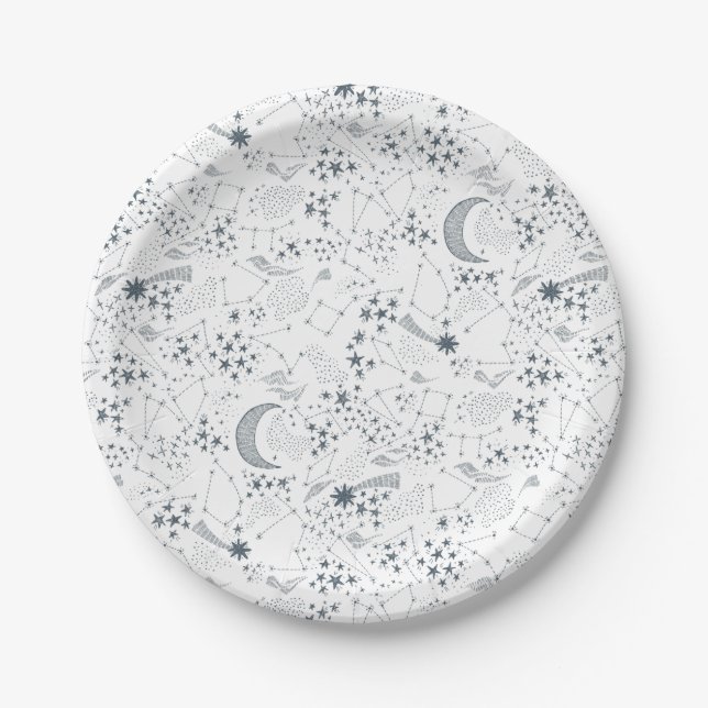 Assiettes En Carton Motif Lune étoilée blanc et bleu (Devant)